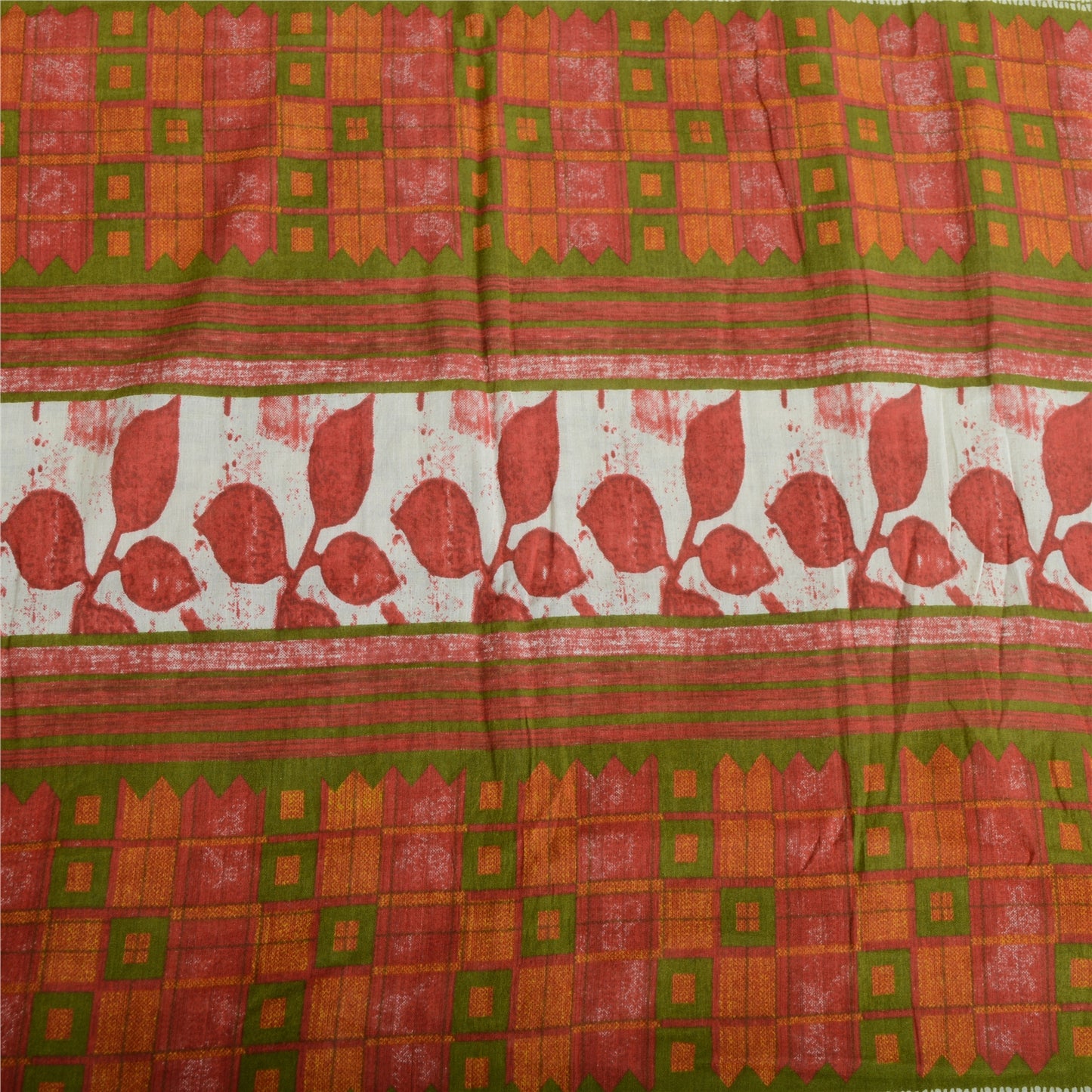 Sanskriti Vintage Sarees Ivory 100% Pure Cotton Printed Sari 5yd Craft Fabric