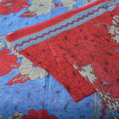 Sanskriti Vintage Sarees Red From India Pure Cotton Printed Sari Craft Fabric