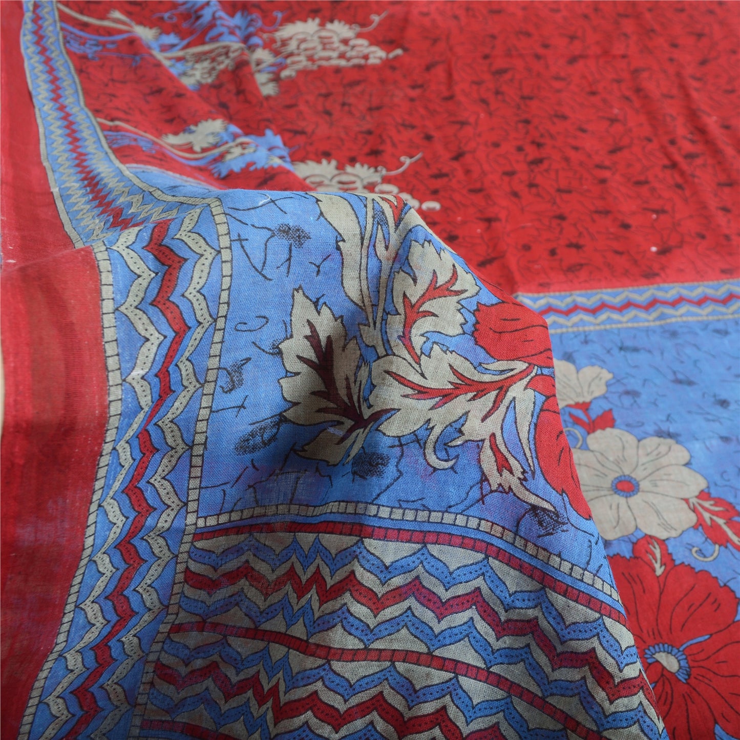 Sanskriti Vintage Sarees Red From India Pure Cotton Printed Sari Craft Fabric