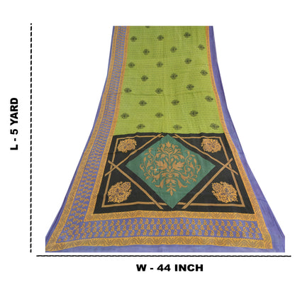 Sanskriti Vintage Sarees Green Pure Cotton Printed Sari 5yd Soft Craft Fabric