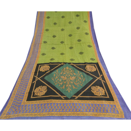 Sanskriti Vintage Sarees Green Pure Cotton Printed Sari 5yd Soft Craft Fabric