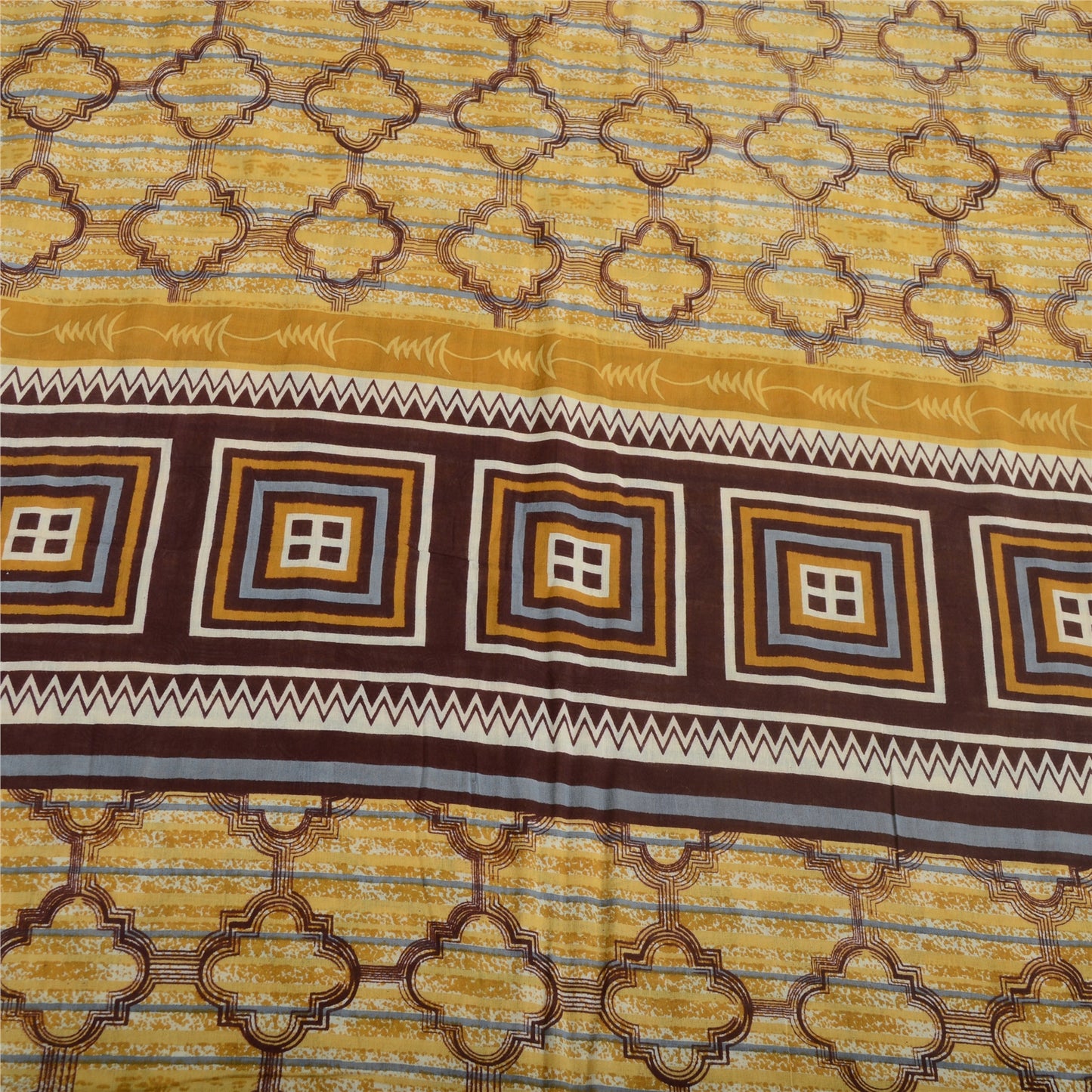 Sanskriti Vintage Sarees Light Yellow Pure Cotton Printed Sari 5yd Craft Fabric