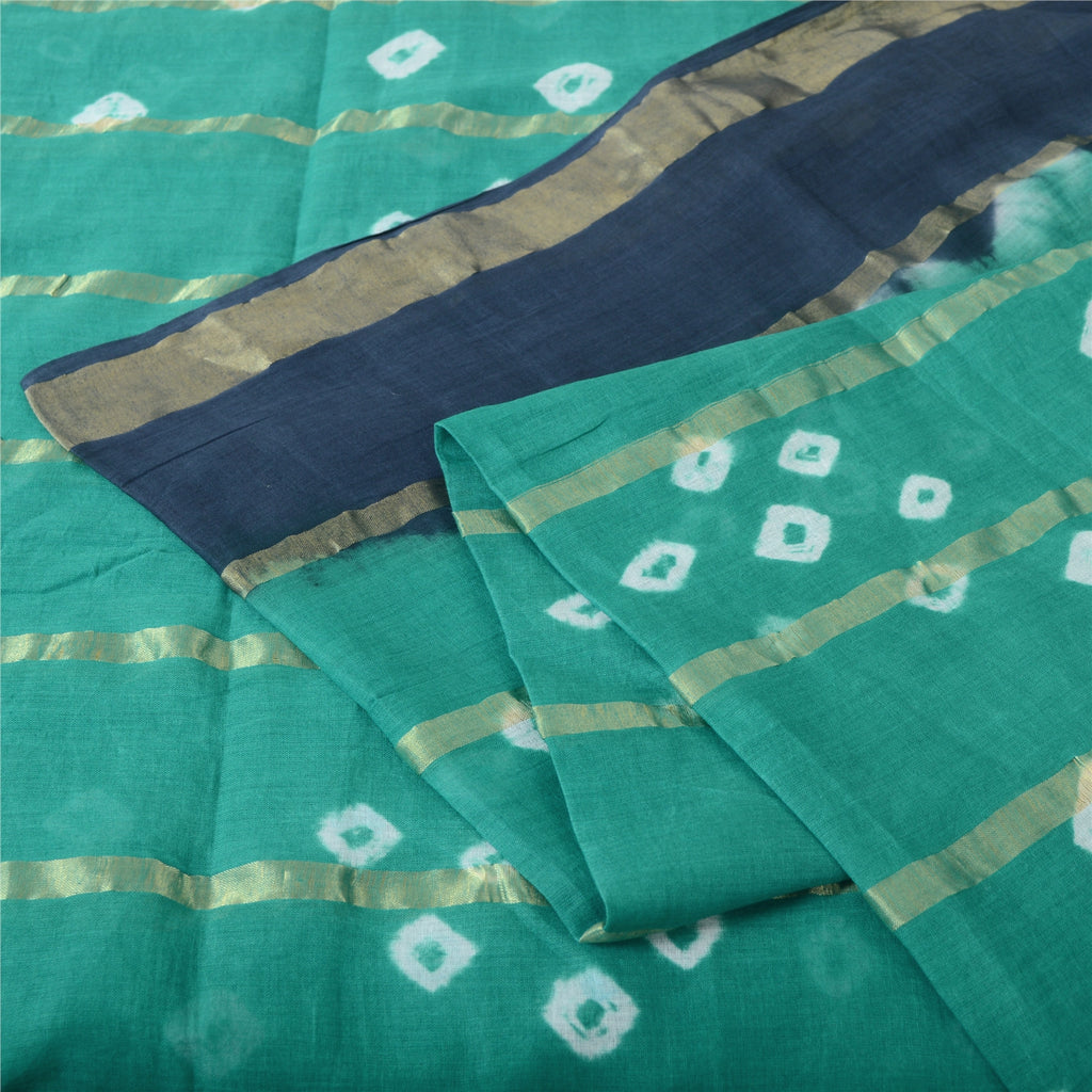 Sanskriti Vintage Sarees Green Bandhani Work Zari Woven Pure Cotton Sari Fabric