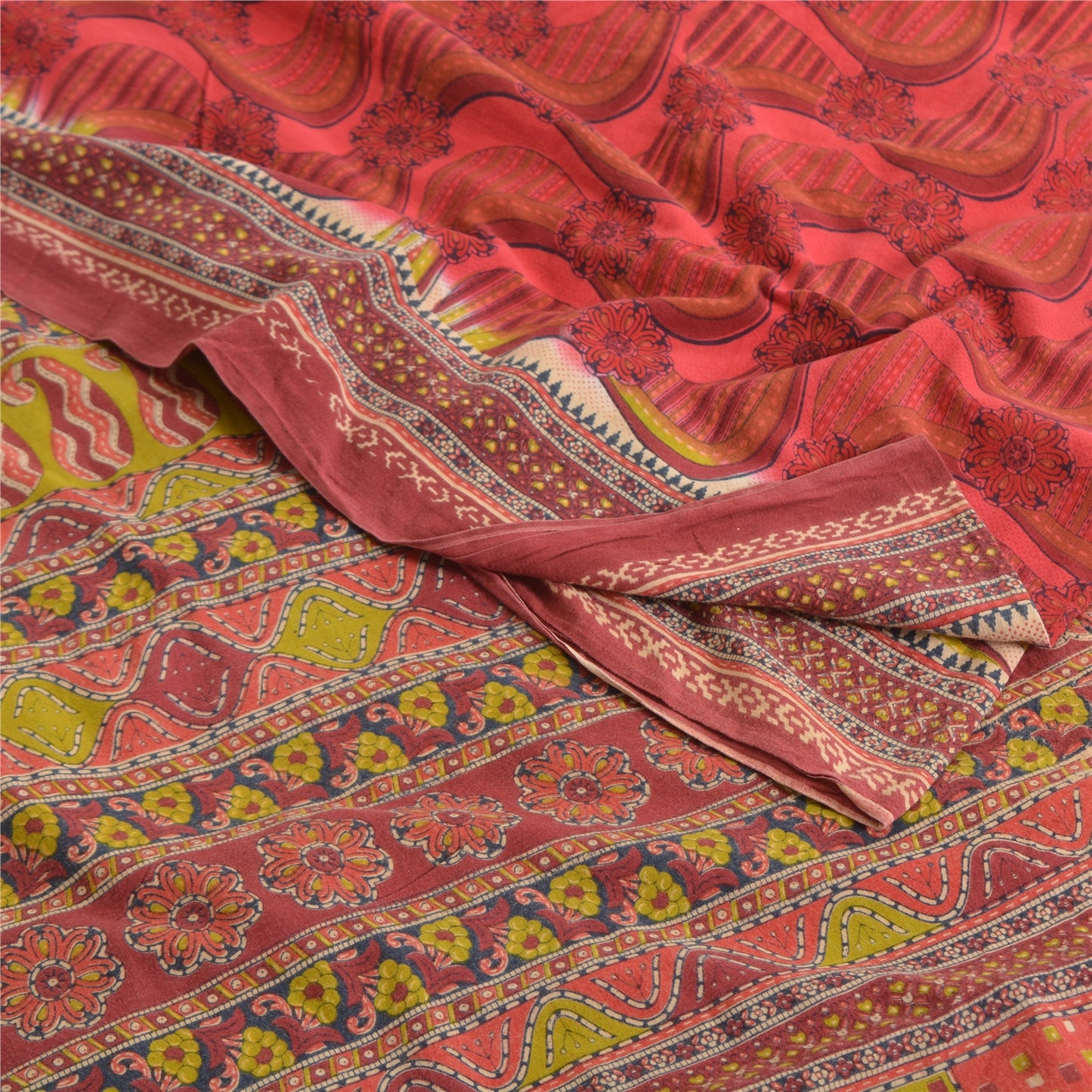 Sanskriti Vintage Sarees From India Red Pure Cotton Printed Sari Craft Fabric