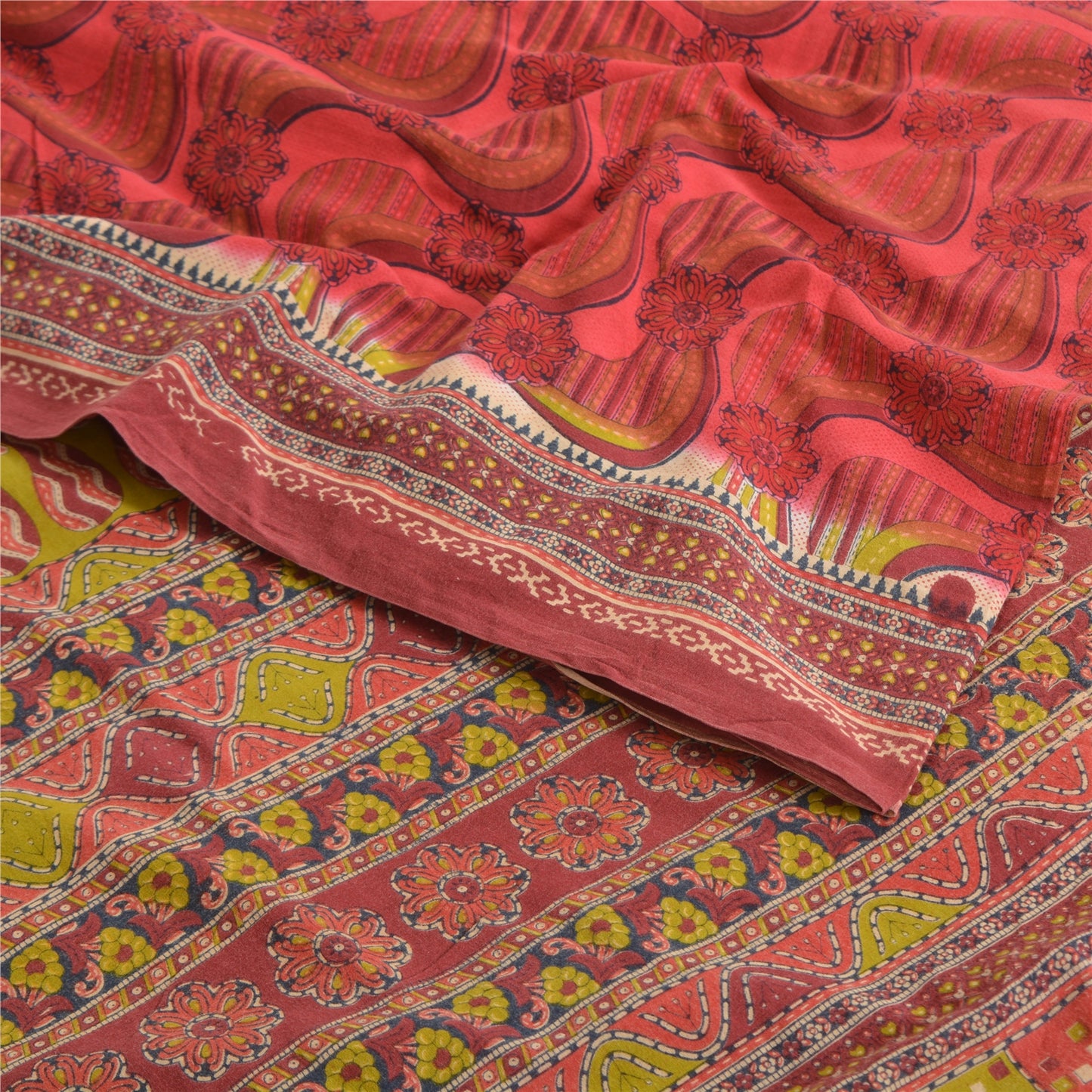 Sanskriti Vintage Sarees From India Red Pure Cotton Printed Sari Craft Fabric