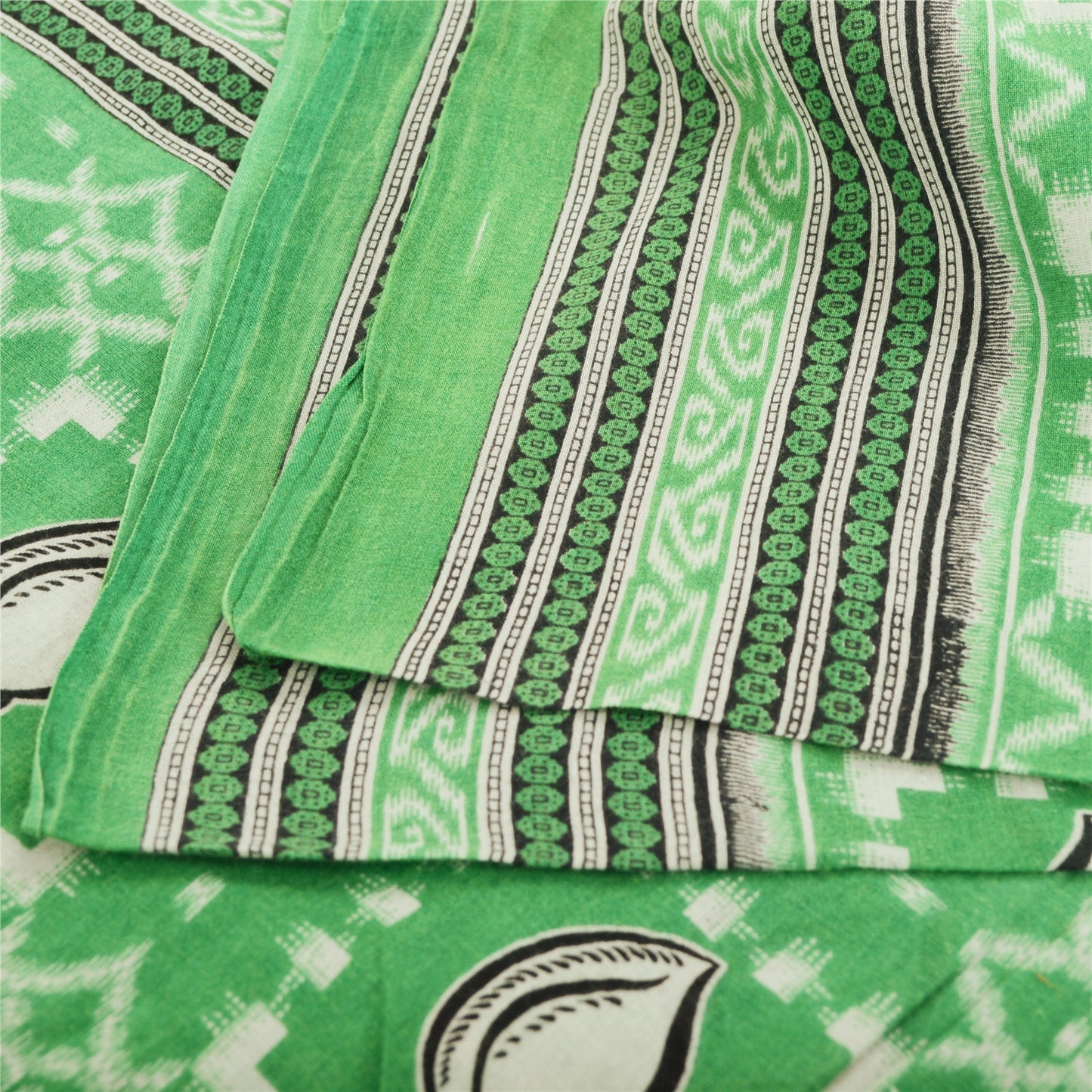 Sanskriti Vintage Sarees Green Shell Printed Pure Cotton Sari 5yd Craft Fabric