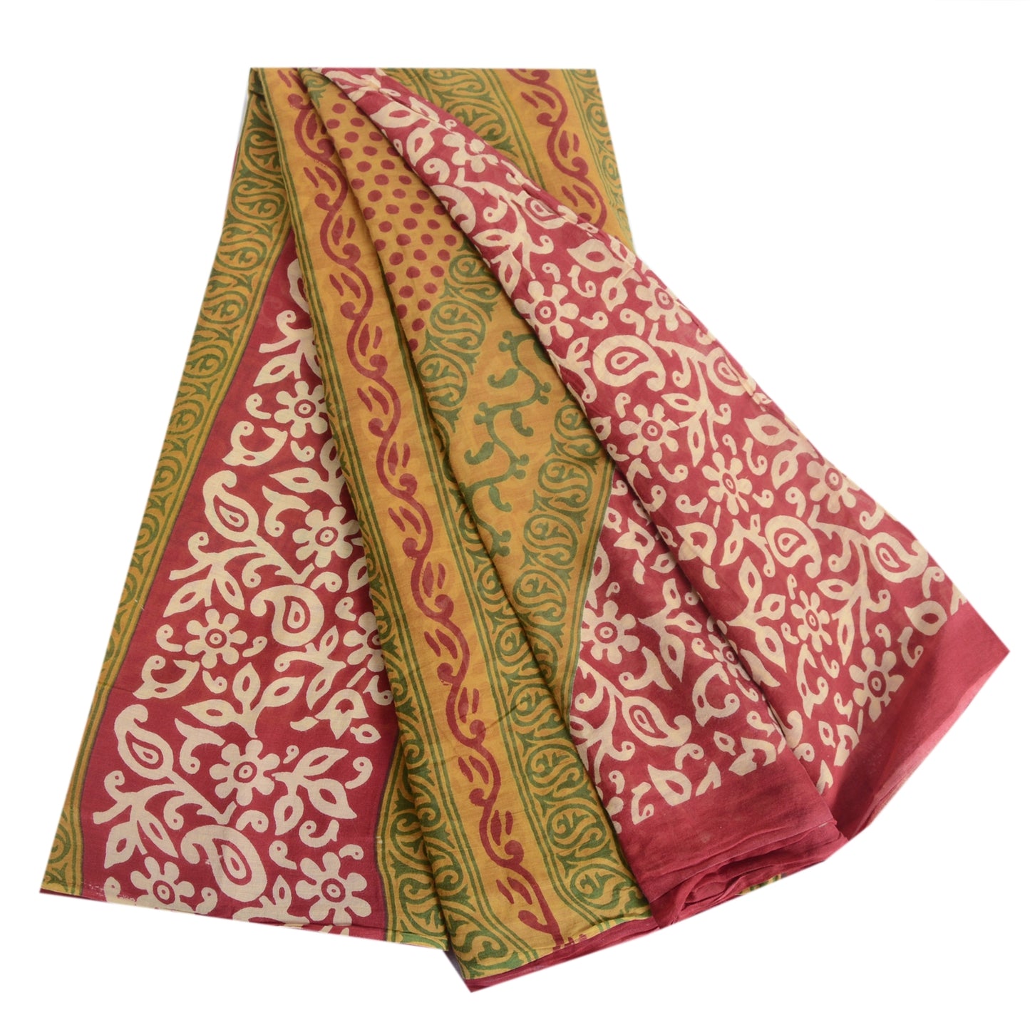 Sanskriti Vintage Sarees Red/Green Pure Cotton Printed Sari 5yd Craft Fabric