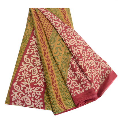 Sanskriti Vintage Sarees Red/Green Pure Cotton Printed Sari 5yd Craft Fabric