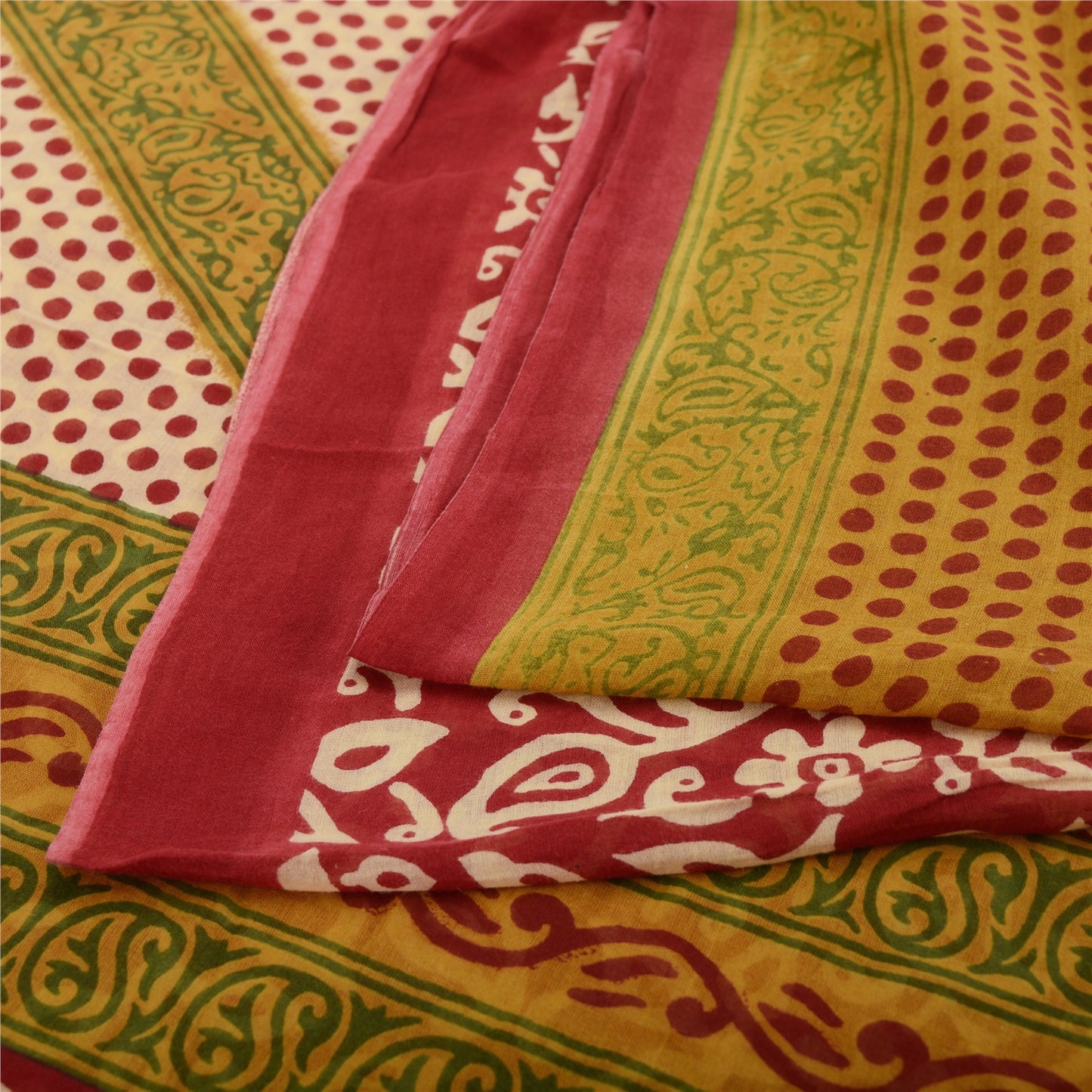 Sanskriti Vintage Sarees Red/Green Pure Cotton Printed Sari 5yd Craft Fabric