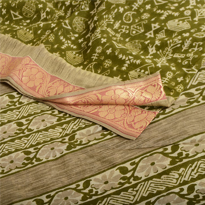 Sanskriti Vintage Sarees Indian Green Pure Cotton Print Woven Border Sari Fabric