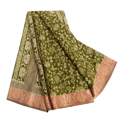 Sanskriti Vintage Sarees Indian Green Pure Cotton Print Woven Border Sari Fabric