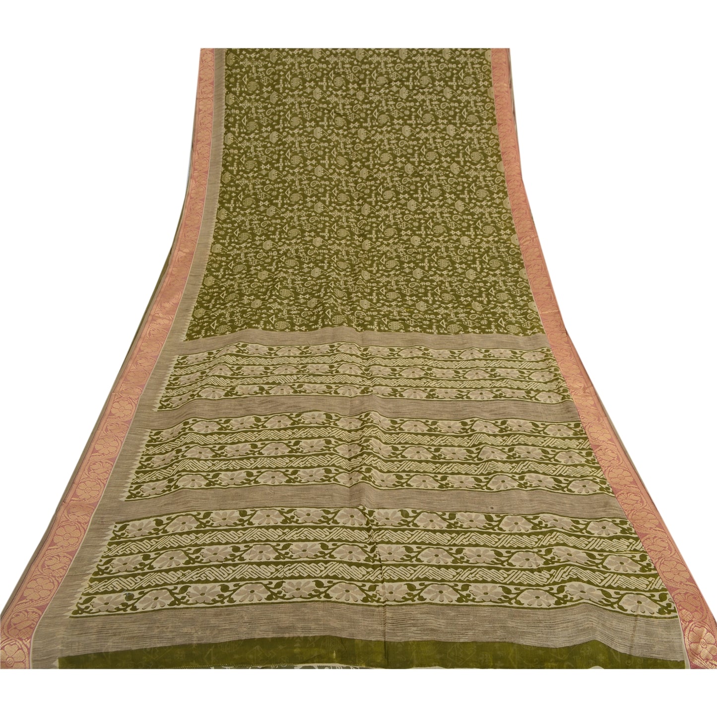 Sanskriti Vintage Sarees Indian Green Pure Cotton Print Woven Border Sari Fabric