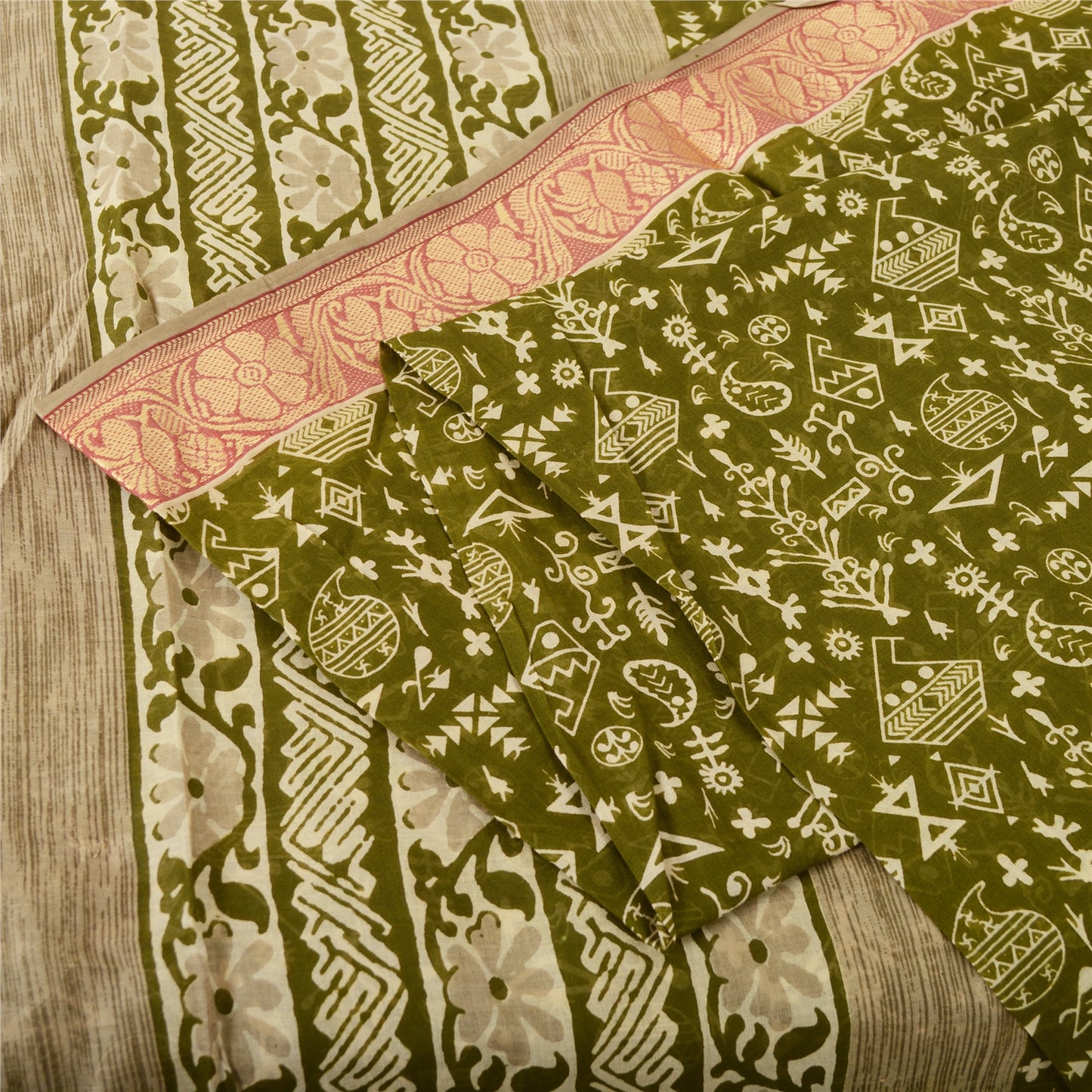 Sanskriti Vintage Sarees Indian Green Pure Cotton Print Woven Border Sari Fabric