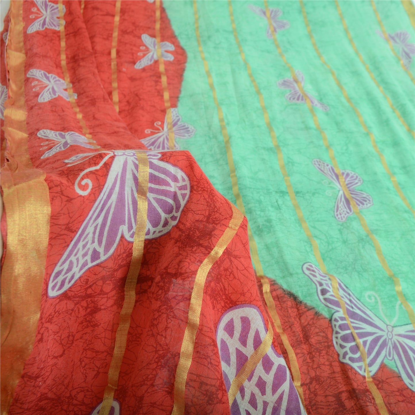 Sanskriti Vintage Sarees Green/Red Pure Cotton Printed Woven Sari Craft Fabric