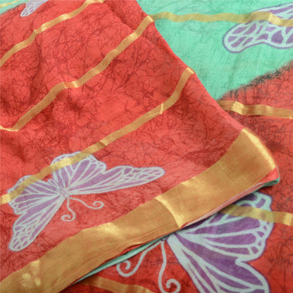 Sanskriti Vintage Sarees Green/Red Pure Cotton Printed Woven Sari Craft Fabric