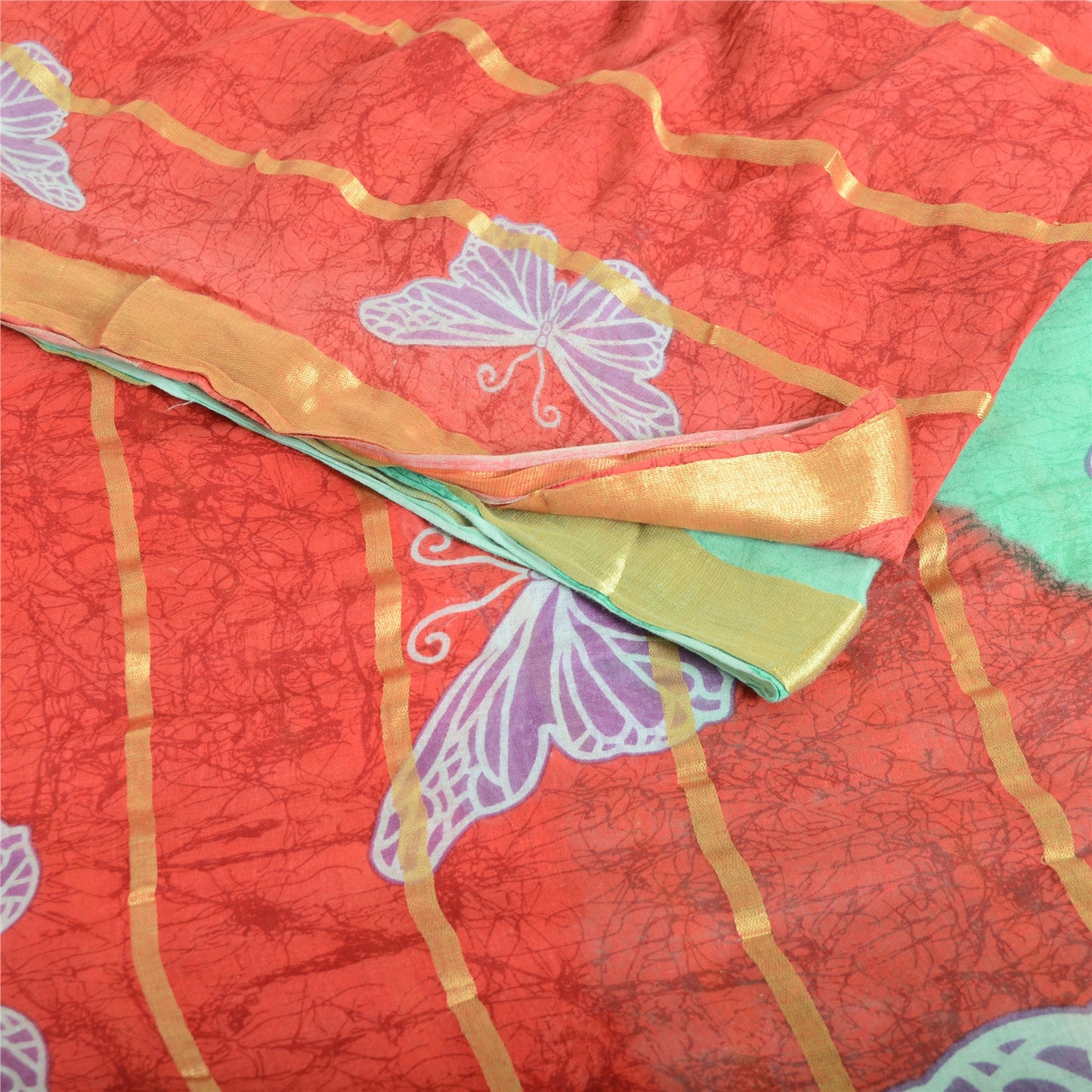 Sanskriti Vintage Sarees Green/Red Pure Cotton Printed Woven Sari Craft Fabric