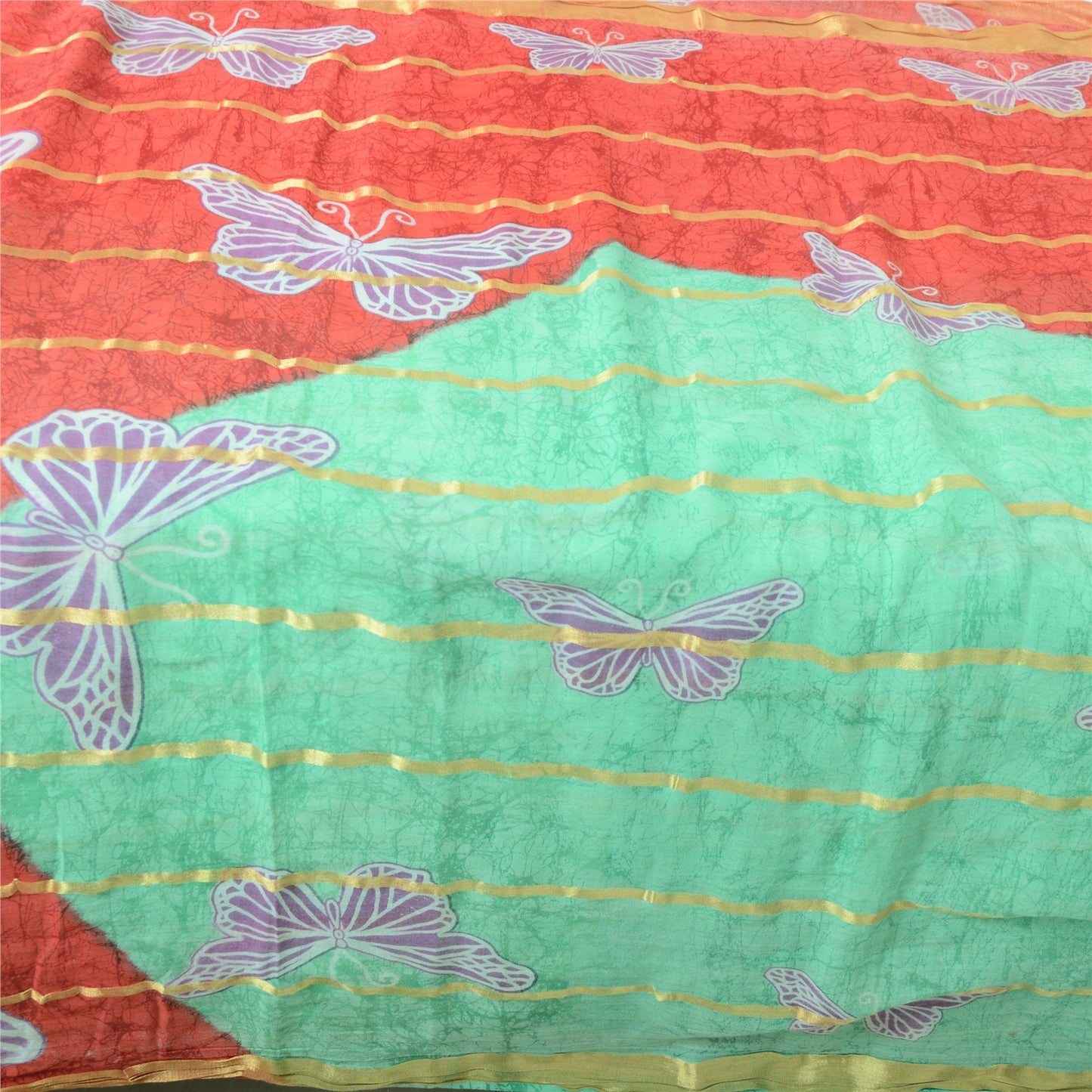 Sanskriti Vintage Sarees Green/Red Pure Cotton Printed Woven Sari Craft Fabric