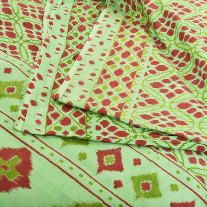 Sanskriti Vintage Sarees Green/Red Pure Cotton Ikat Print Sari 5yd Craft Fabric