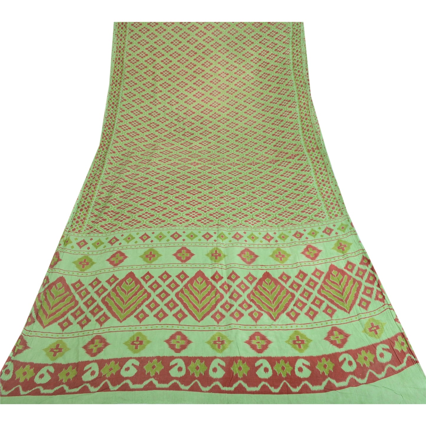 Sanskriti Vintage Sarees Green/Red Pure Cotton Ikat Print Sari 5yd Craft Fabric