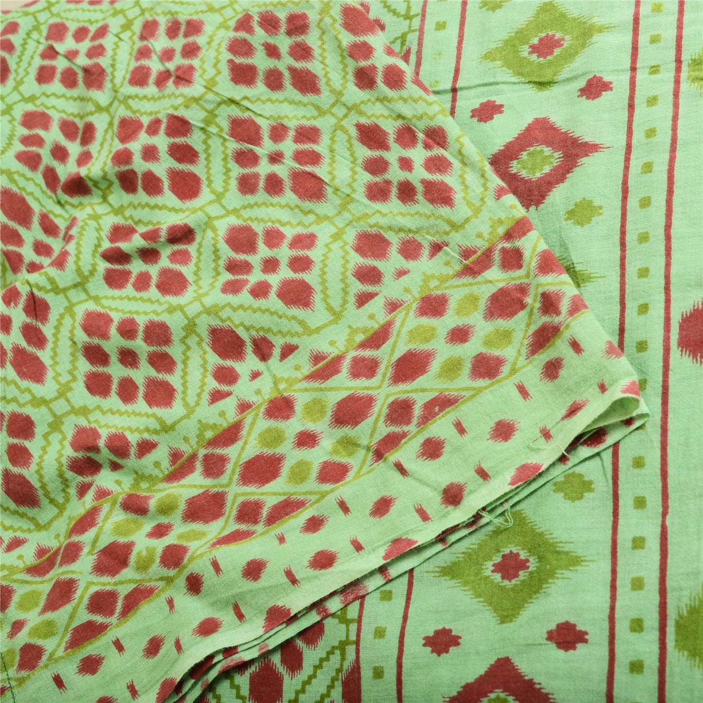 Sanskriti Vintage Sarees Green/Red Pure Cotton Ikat Print Sari 5yd Craft Fabric