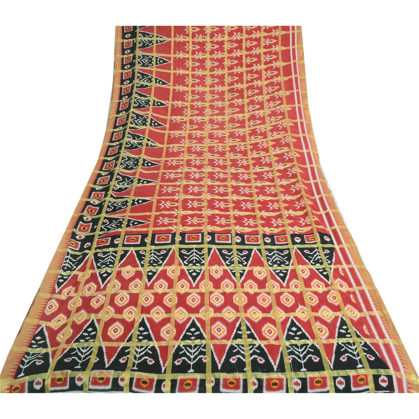 Sanskriti Vintage Sarees Red Pure Cotton Ikat Print Woven Sari 5yd Craft Fabric