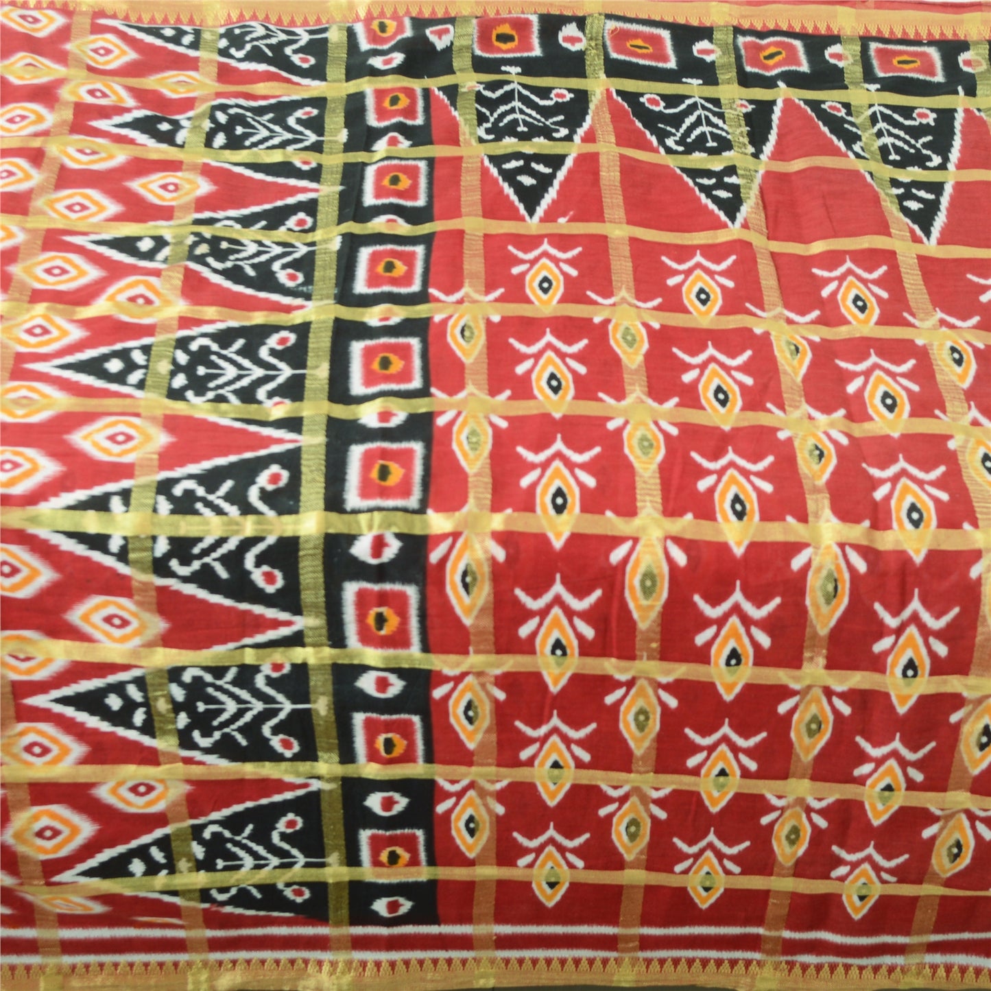 Sanskriti Vintage Sarees Red Pure Cotton Ikat Print Woven Sari 5yd Craft Fabric