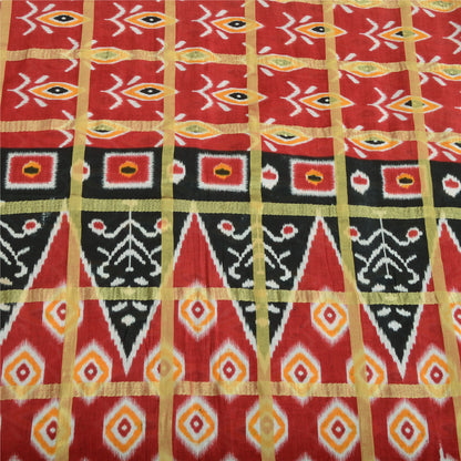 Sanskriti Vintage Sarees Red Pure Cotton Ikat Print Woven Sari 5yd Craft Fabric