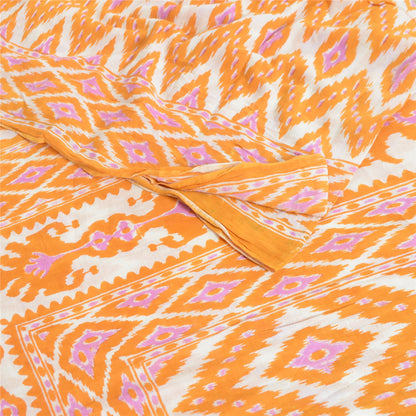 Sanskriti Vintage Sarees Yellow/White Pure Cotton Printed Sari 5yd Craft Fabric