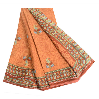 Sanskriti Vintage Sarees Indian Peach Pure Cotton Printed Sari 5yd Craft Fabric