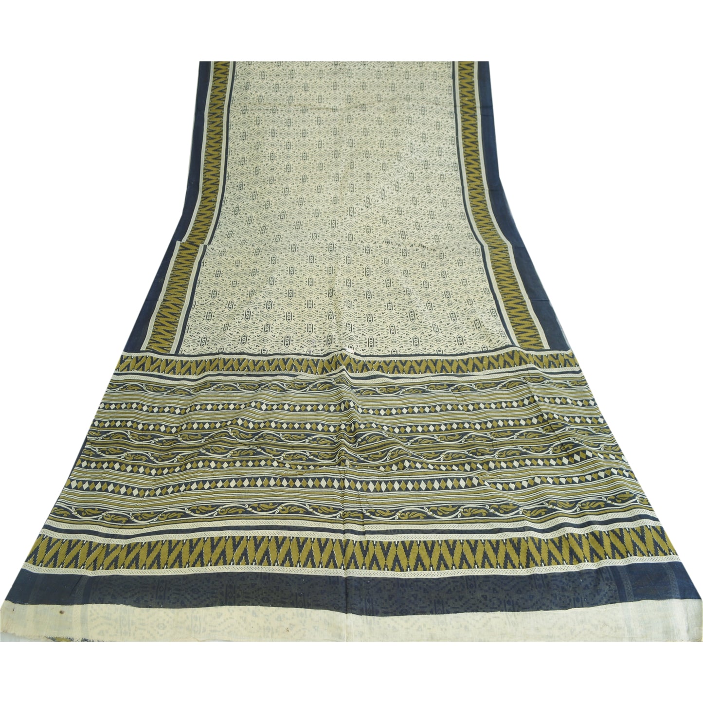 Sanskriti Vintage Sarees Indian Ivory Pure Cotton Printed Sari 5yd Craft Fabric