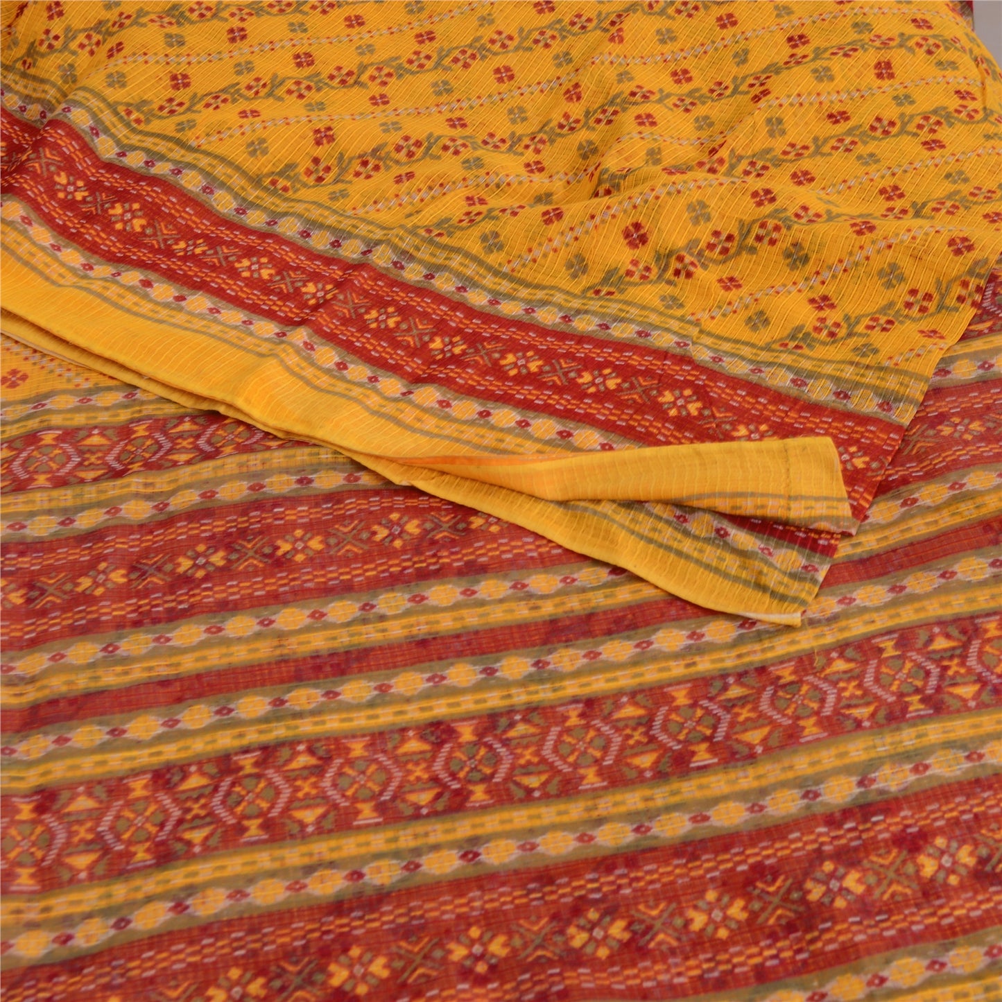 Sanskriti Vintage Sarees Yellow/Red Pure Cotton Printed Woven Sari Craft Fabric