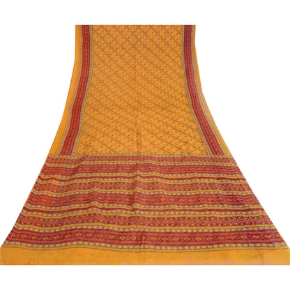 Sanskriti Vintage Sarees Yellow/Red Pure Cotton Printed Woven Sari Craft Fabric