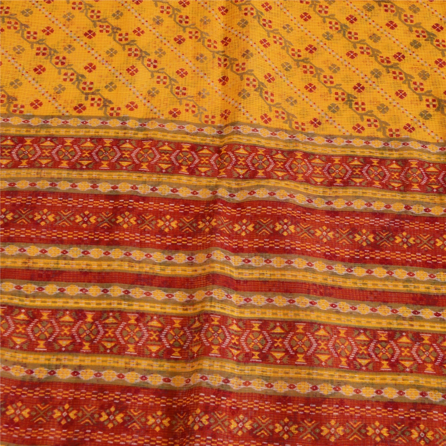 Sanskriti Vintage Sarees Yellow/Red Pure Cotton Printed Woven Sari Craft Fabric