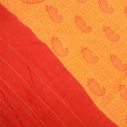 Sanskriti Vintage Sarees Yellow/Red Pure Cotton Zari Woven Printed Sari Fabric