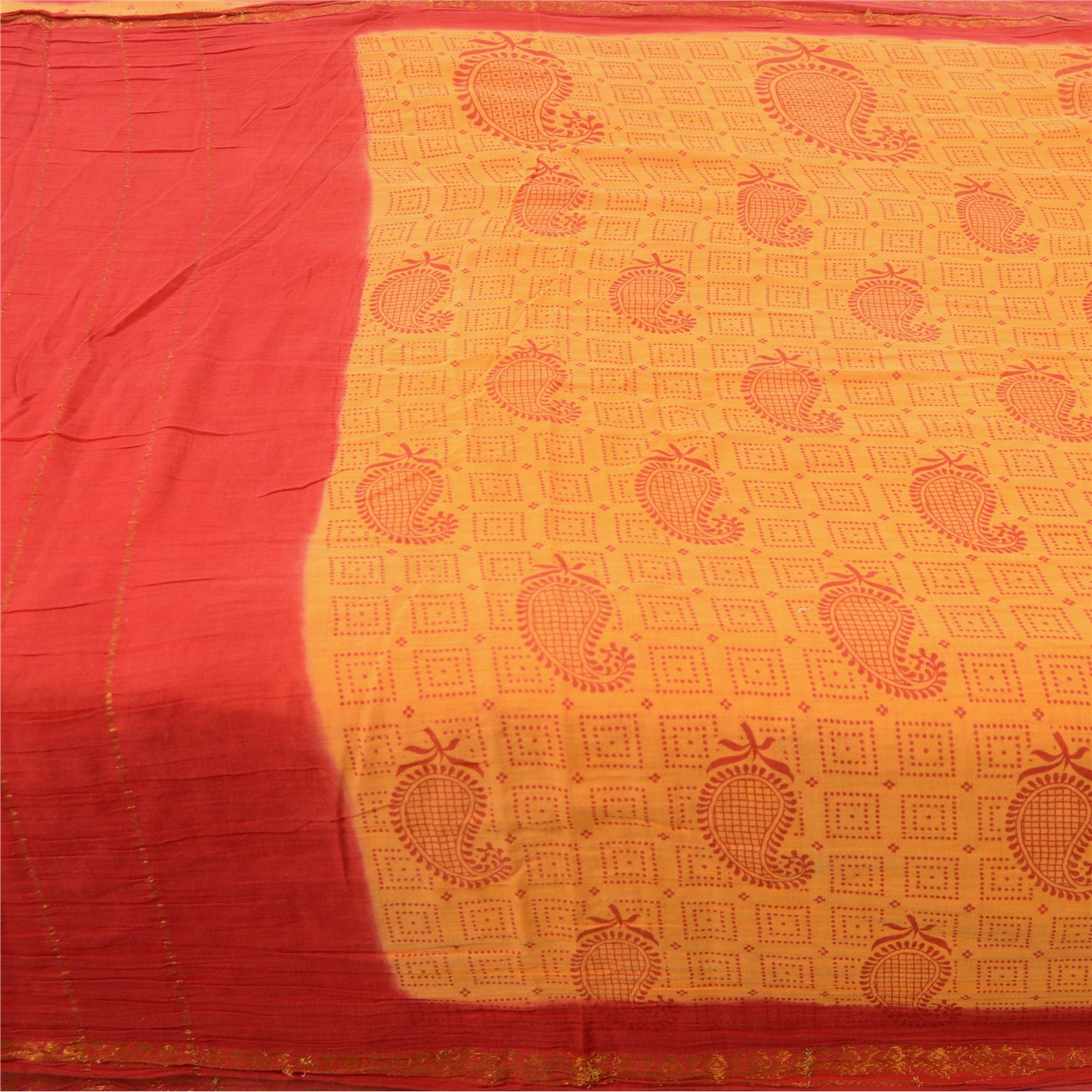 Sanskriti Vintage Sarees Yellow/Red Pure Cotton Zari Woven Printed Sari Fabric