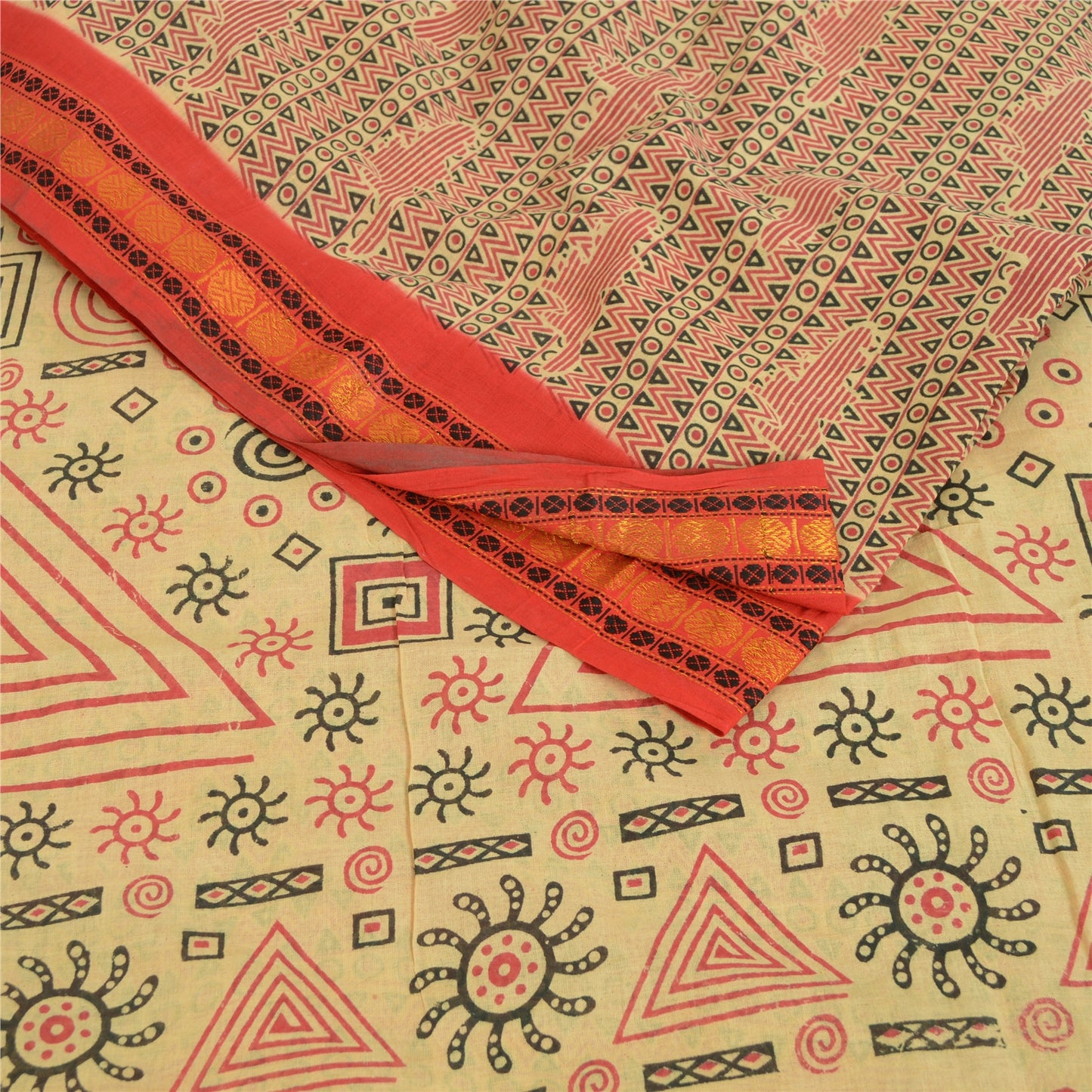 Sanskriti Vintage Sarees Cream Pure Cotton Block Printed Sari 5yd Craft Fabric