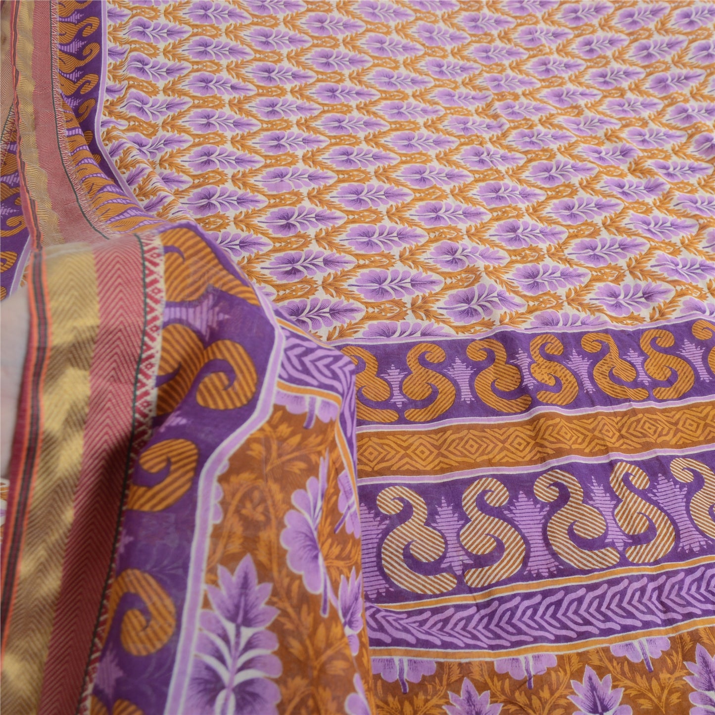 Sanskriti Vintage Sarees Purple/Saffron Pure Cotton Print Sari 5yd Craft Fabric