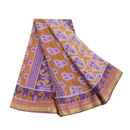 Sanskriti Vintage Sarees Purple/Saffron Pure Cotton Print Sari 5yd Craft Fabric