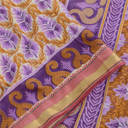 Sanskriti Vintage Sarees Purple/Saffron Pure Cotton Print Sari 5yd Craft Fabric