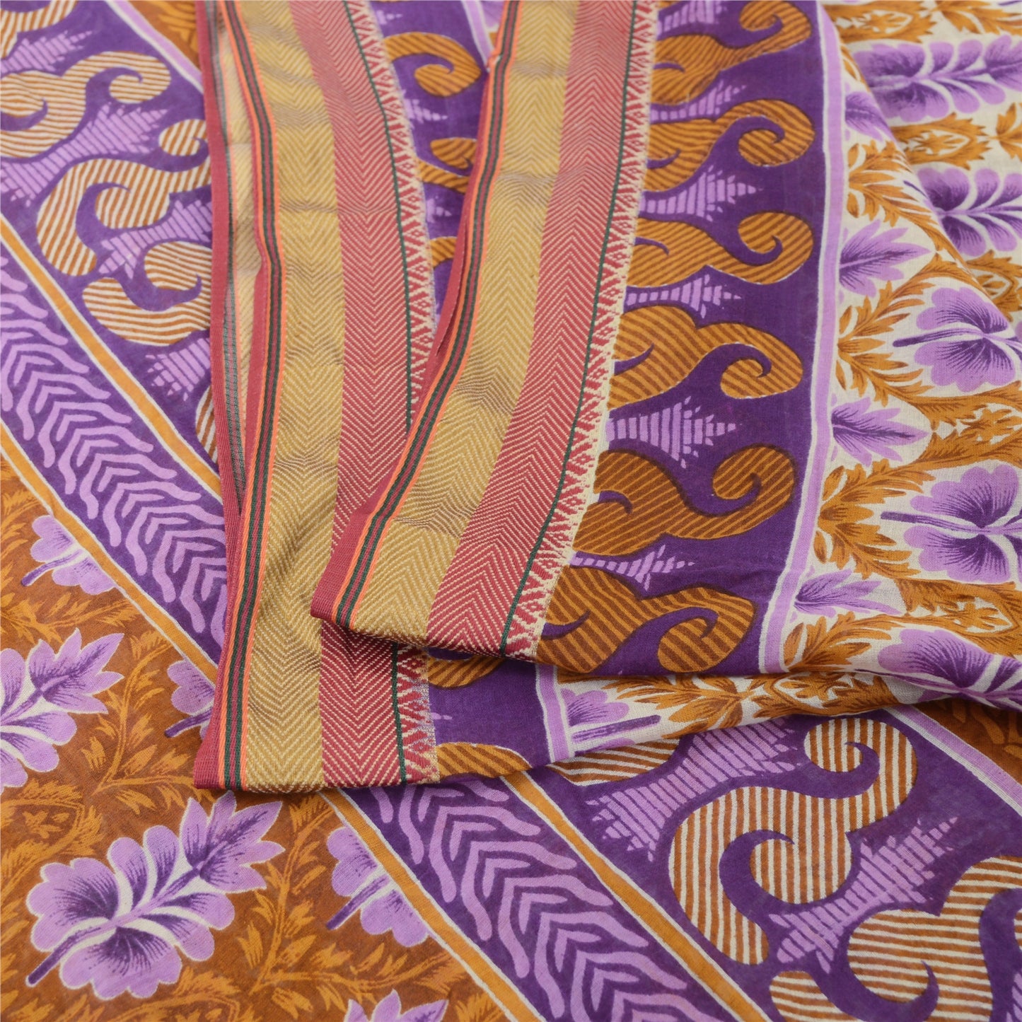 Sanskriti Vintage Sarees Purple/Saffron Pure Cotton Print Sari 5yd Craft Fabric