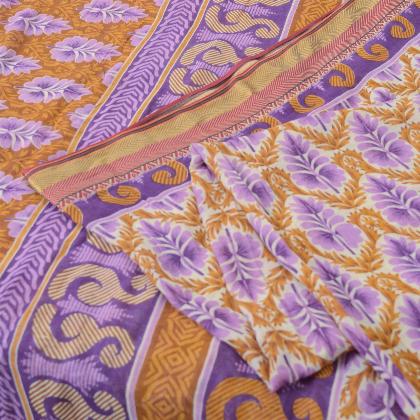 Sanskriti Vintage Sarees Purple/Saffron Pure Cotton Print Sari 5yd Craft Fabric