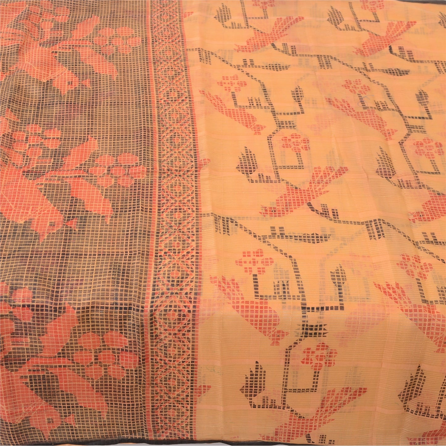 Sanskriti Vintage Sarees Peach Kota Woven Bird Printed Cotton Silk Sari Fabric