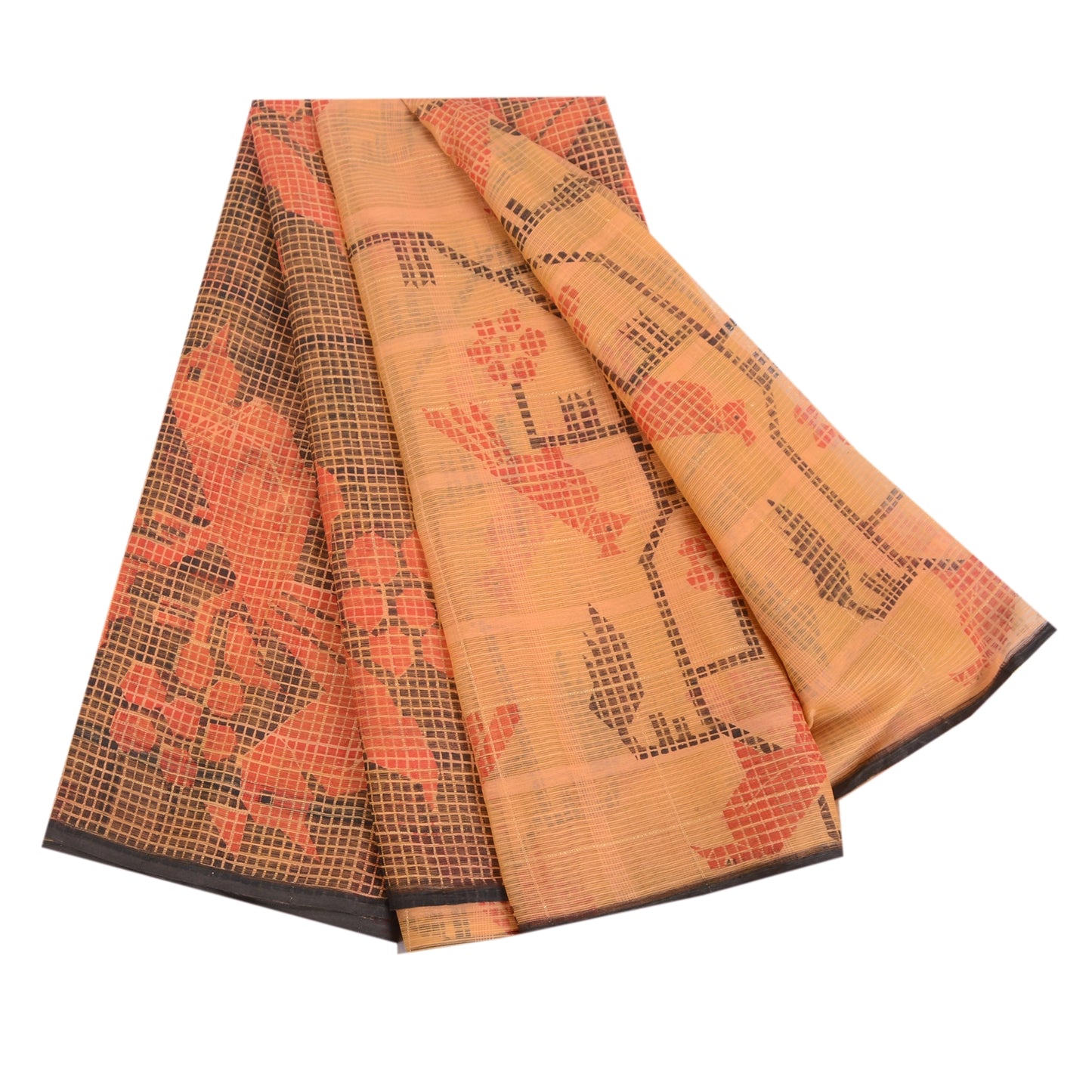 Sanskriti Vintage Sarees Peach Kota Woven Bird Printed Cotton Silk Sari Fabric