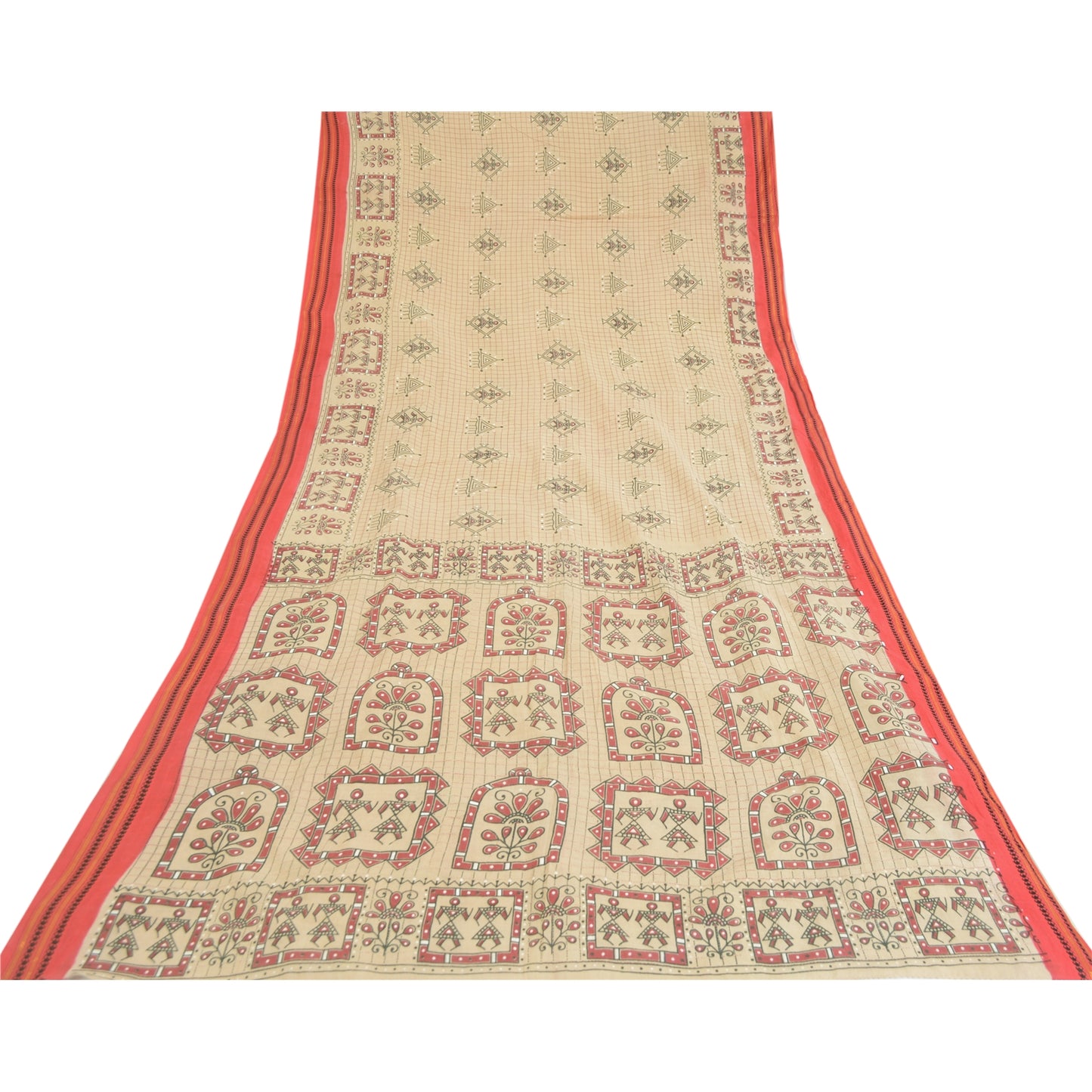 Sanskriti Vintage Sarees Ivory Warli Art Pure Cotton Print Sari 5yd Craft Fabric