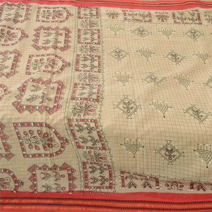 Sanskriti Vintage Sarees Ivory Warli Art Pure Cotton Print Sari 5yd Craft Fabric