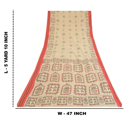 Sanskriti Vintage Sarees Ivory Warli Art Pure Cotton Print Sari 5yd Craft Fabric