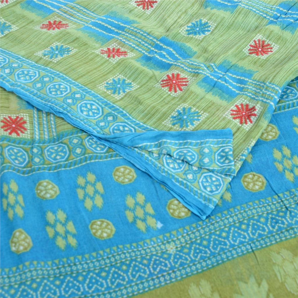 Sanskriti Vintage Sarees Green/Blue Pure Cotton Printed Sari 5yd Craft Fabric