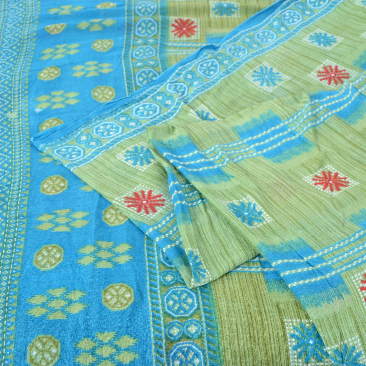 Sanskriti Vintage Sarees Green/Blue Pure Cotton Printed Sari 5yd Craft Fabric