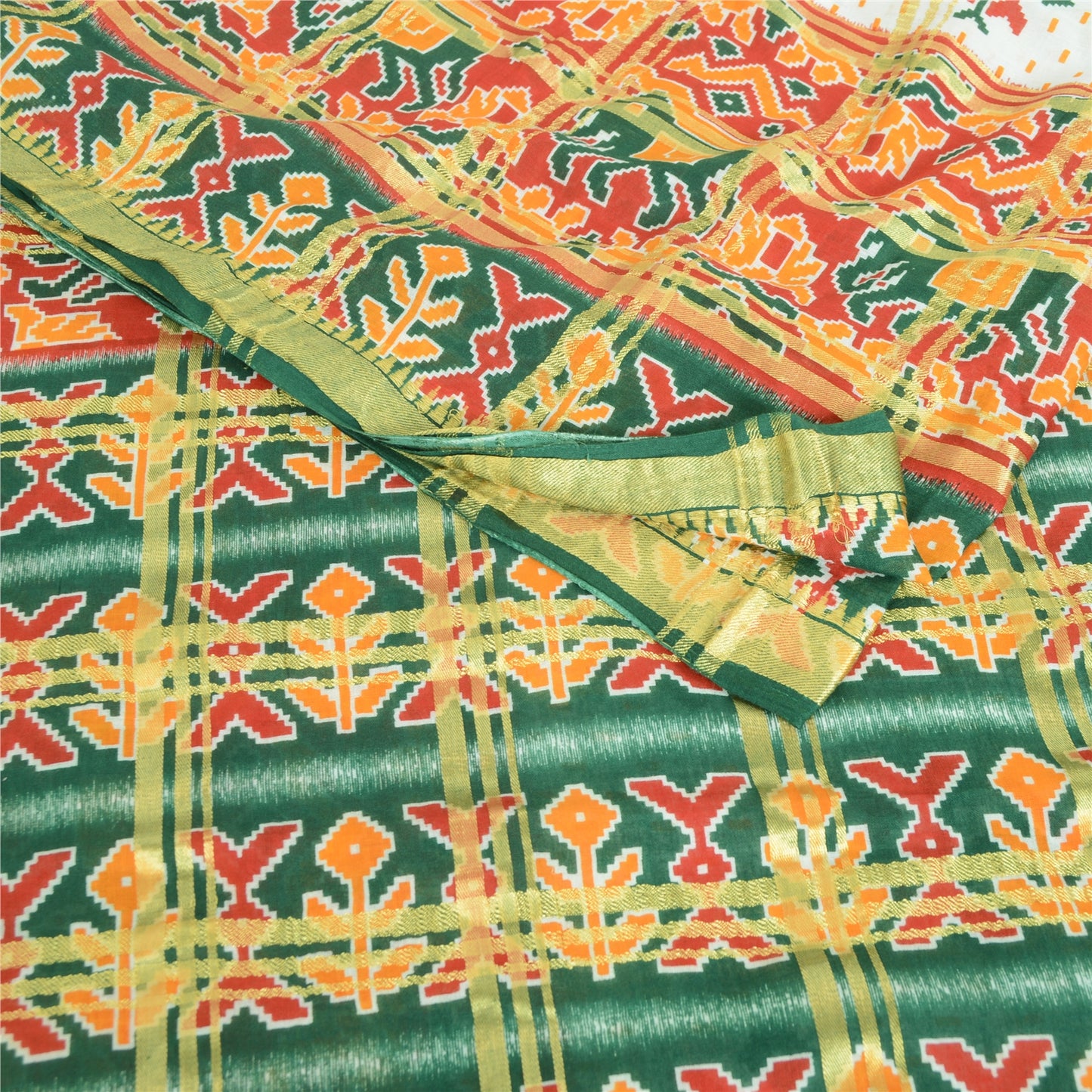 Sanskriti Vintage Sarees Ivory/Green Patan Patola Print Pure Cotton Sari Fabric