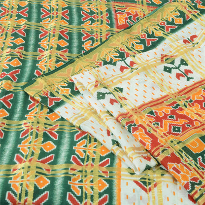 Sanskriti Vintage Sarees Ivory/Green Patan Patola Print Pure Cotton Sari Fabric